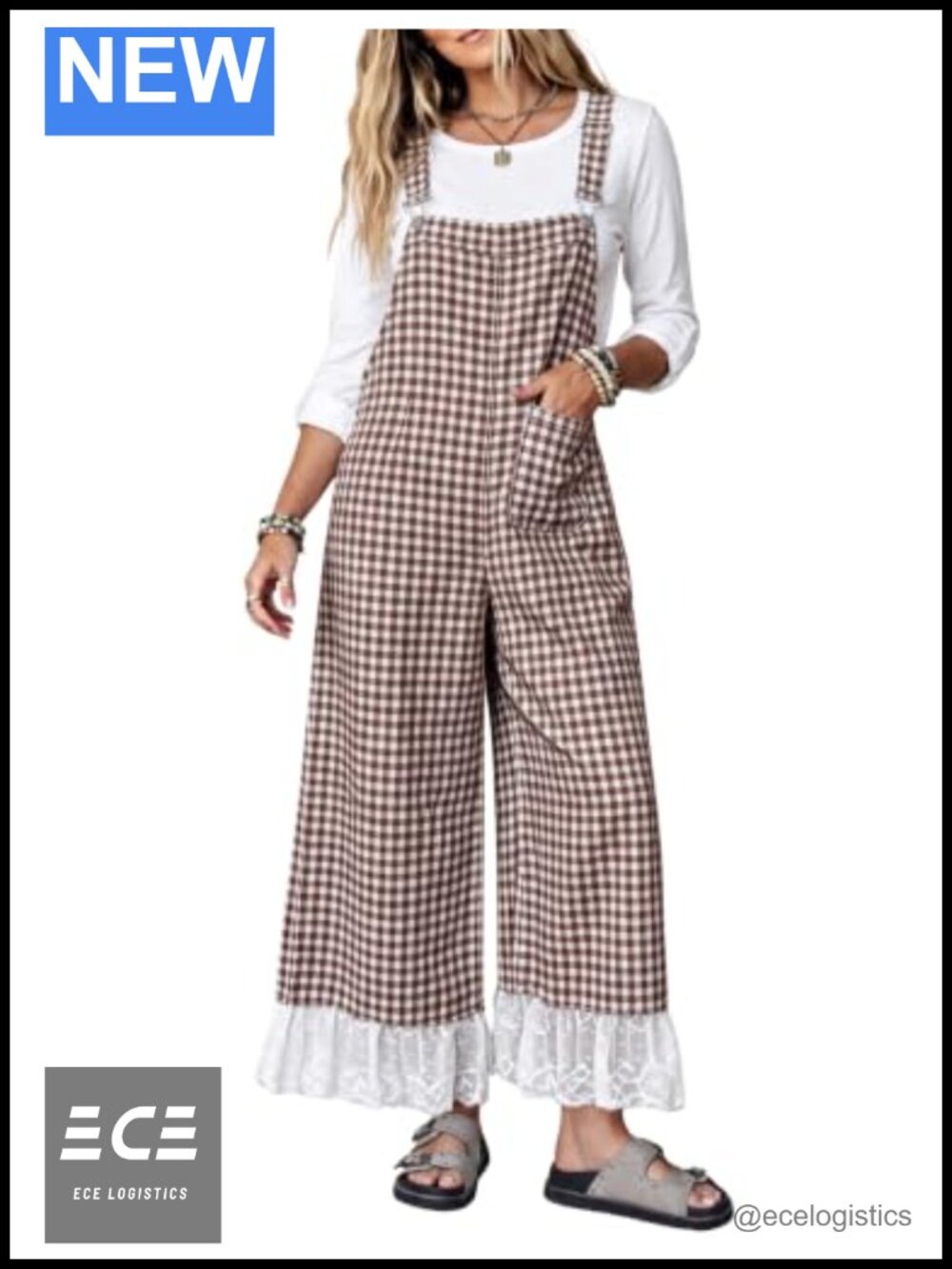 Women's Gingham Wide Leg Overalls Lace Hem Adjustable Straps